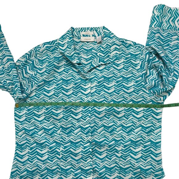 CHICOS Turquoise Chevron Stripe No Iron Cotton Button Up Shirt Size Medium (1) - Picture 7 of 9